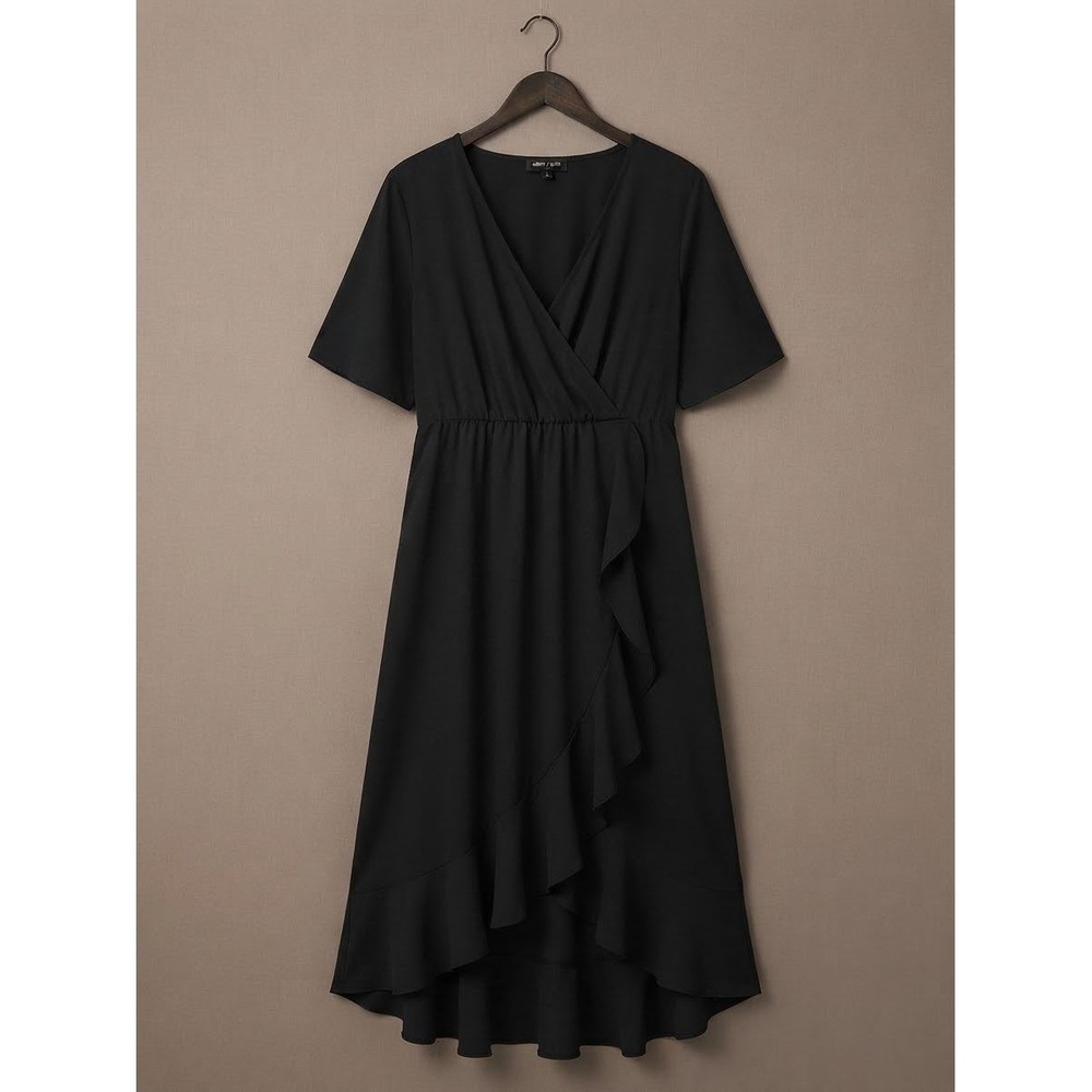 Scomchic Black Wrap Ruffle High Low Midi Dress 3XL Ruffle WhimsyGoth feminine